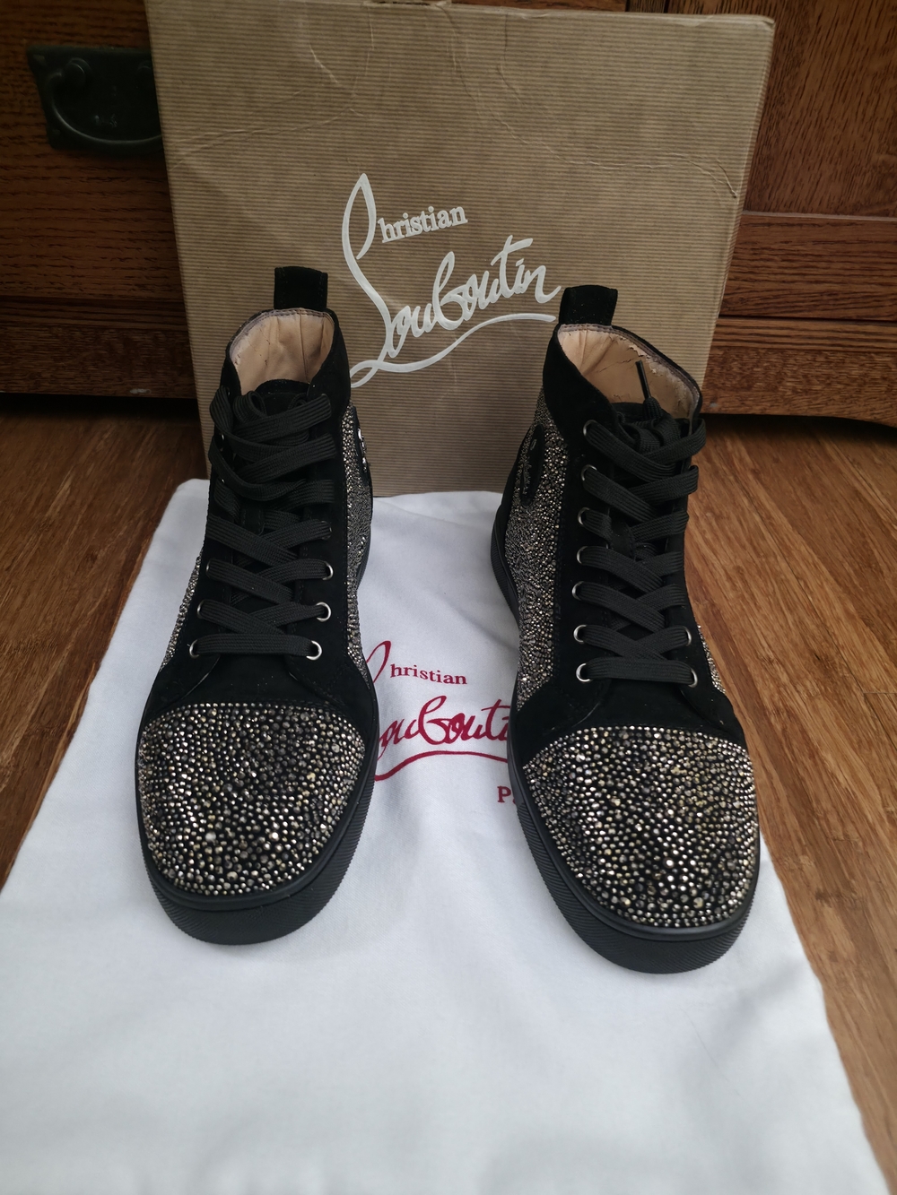 Christian Louboutin Black and Silver Crystal-Embellished High-Top Sneakers